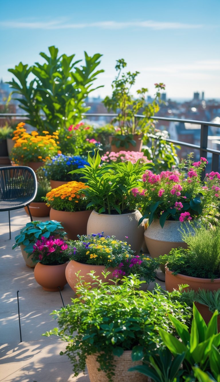 A terrace garden filled with colorful potted plants and outdoor furniture under a clear sky.